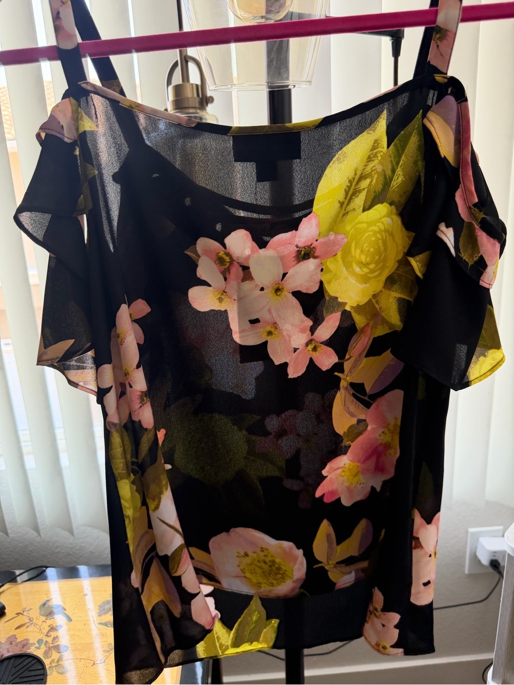 Floral Cold-Shoulder Chiffon Blouse - Black with Pink & Yellow Flowers